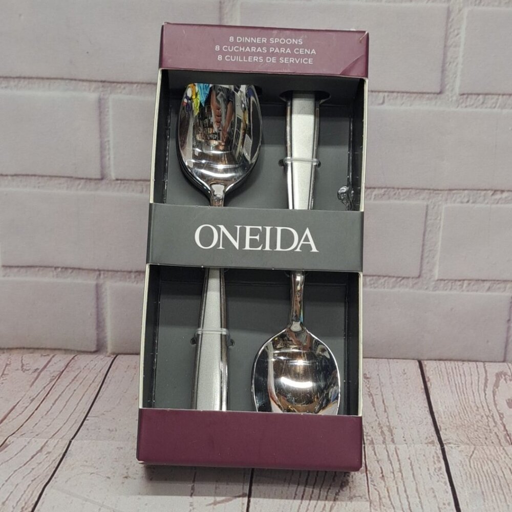 New Oneida Jordan 895451 Frosted Stainless Silverware 8 Dinner Spoons 7.5” - Picture 1 of 4
